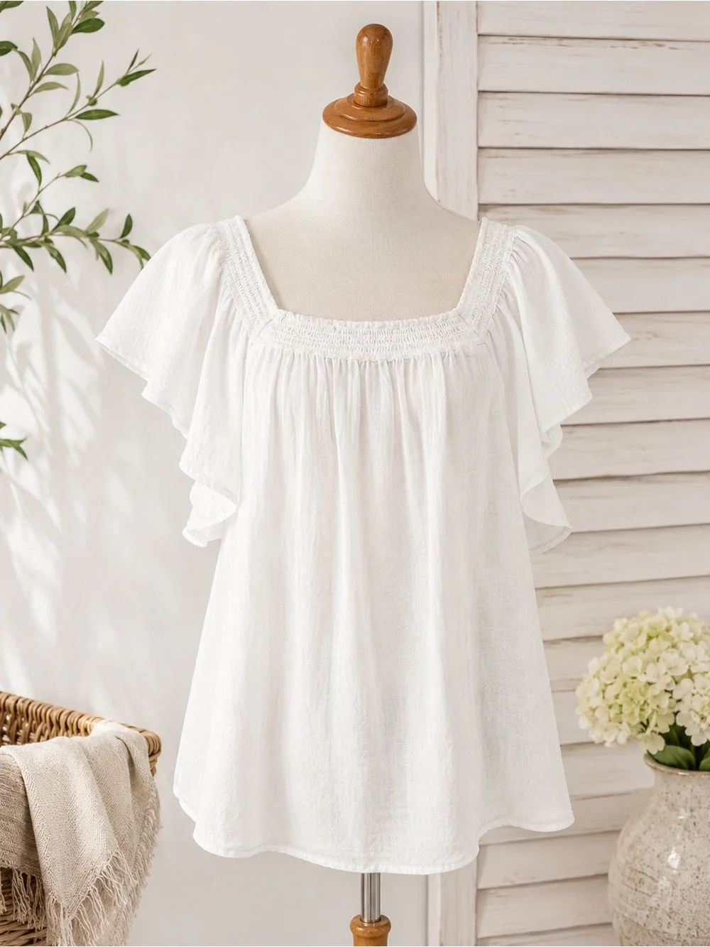 A New Day XL White Linen Blend Smocked Flutter Sleeve Blouse Cottagecore